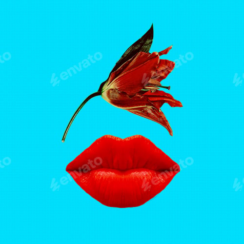 Preview: Contemporary art collage. Cosmetics and perfume concept. Red lip