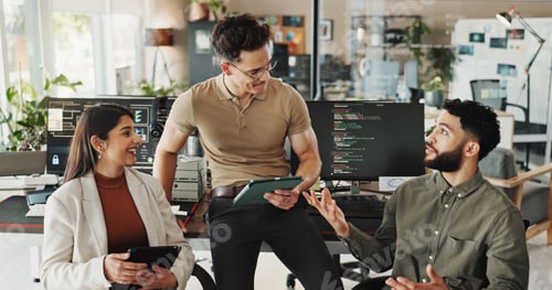 Preview: Programmer, teamwork and research with business people in office for website developer, coding boot