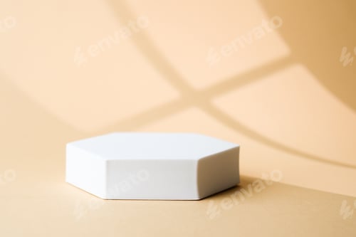 Preview: White hexagon pedestal with flat surface placed on beige background with shadow reflection