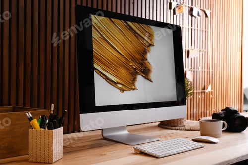 Preview: Modern computer on desk in room. Home workplace