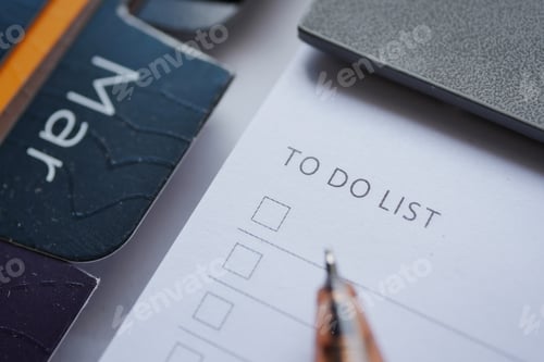 Preview: To do list in notebook with office suppliers on desk.