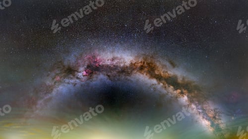 Preview: Panoramic view of the Milky Way Galaxy arching over the horizon with vibrant star fields