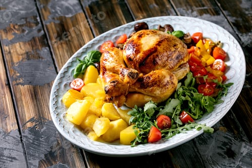 Preview: Grilled cooked whole chicken with grilled bell pepper and potatoes