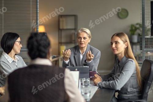 Preview: Senior Caucasian Woman Leading Business Meeting with Diverse Female Colleagues