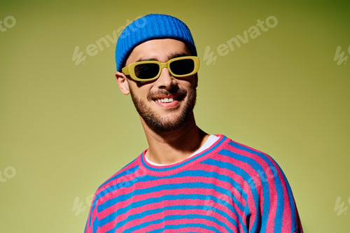 Preview: Stylish young man sports vibrant fashion and trendy shades in a bright studio