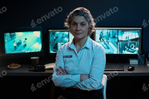 Preview: Portrait of Middle Aged Caucasian Woman Monitoring Security Cameras at Workplace