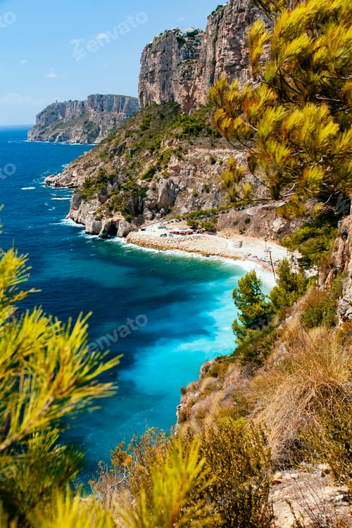 Preview: Beautiful seaside. View of the beach, mountains, rocks. Costa Blanca Spain.