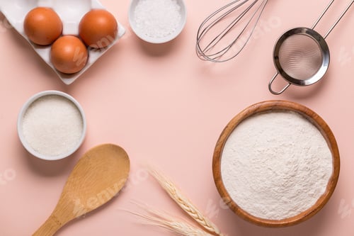 Preview: Baking or cooking background. Ingredients, kitchen items for baking.