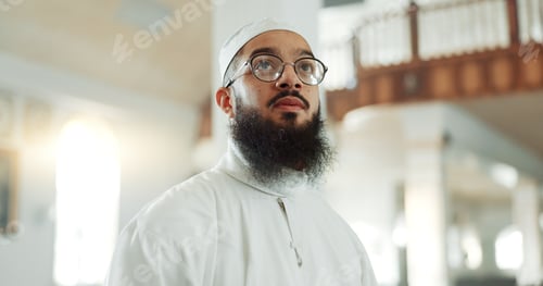 Preview: Man, thinking and mosque for islam religion, spirituality or Ramadan in holy temple for prayer to G