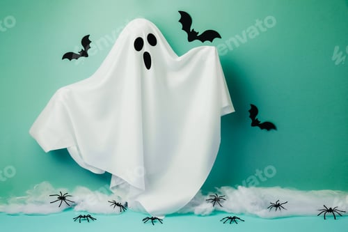 Preview: Cute ghost with bats and spiders on teal background for Halloween fun