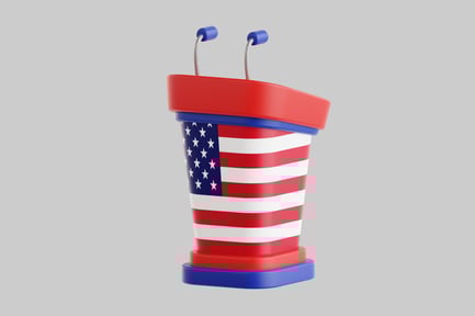 Preview: Podium with microphones designed to resemble the American flag