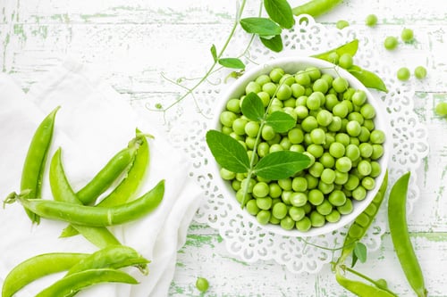 Preview: Green peas with leaves on white background