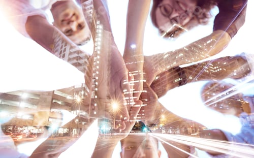 Preview: Hands, collaboration and city with digital overlay and business team in a huddle circle for support