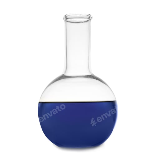 Preview: Flask with color sample isolated on white. Chemistry glassware