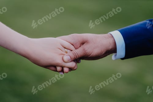 Preview: Shallow focus shot of the bride and the groom holding hands