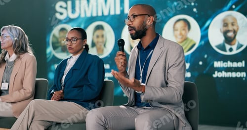 Preview: Stage, man and presenter at conference as event host, panel discussion and guest with microphone. S
