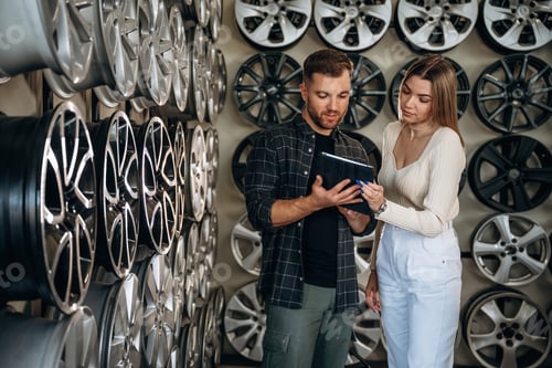 Preview: Male worker with woman in the car maintenance room, holding digital tablet, reading it