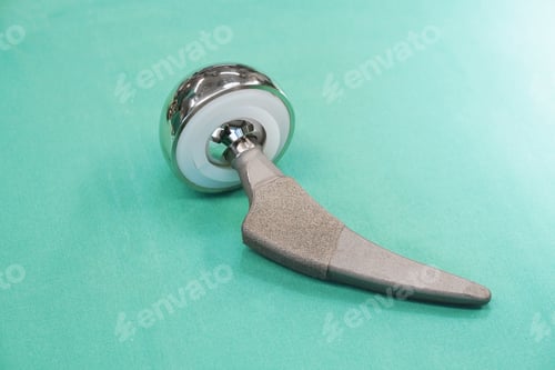 Preview: hip replacement prosthesis or prosthetic implant on green surgical drape