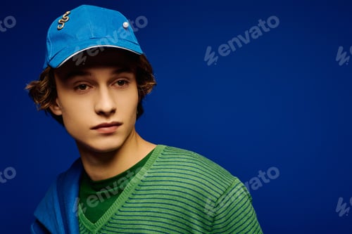 Preview: Young man showcases modern style in vibrant blue background exuding confidence and trendiness