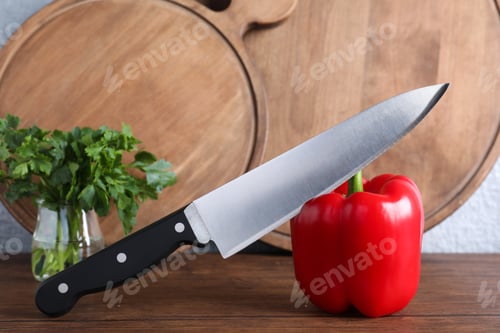 Preview: Chef knife, bell pepper and serving boards on wooden table against grey background. Clean dishes