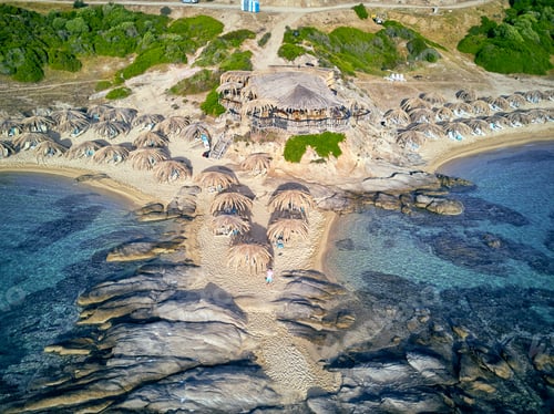 Preview: Beautiful Beach And Rocky Coastline Top Aerial View Drone Shot, Sithonia, Greece