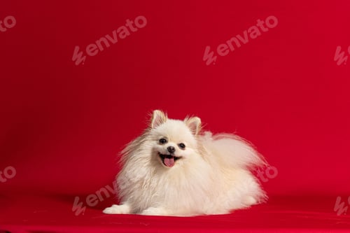 Preview: Adorable white Spitz against a bright red background.
