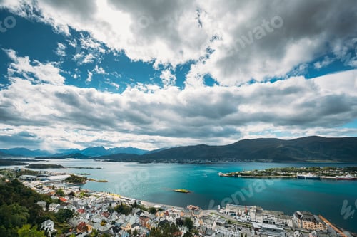 Preview: Alesund, Norway. Amazing Natural Bright Sunset Dramatic Sky In Warm Colours Above Alesund Islands