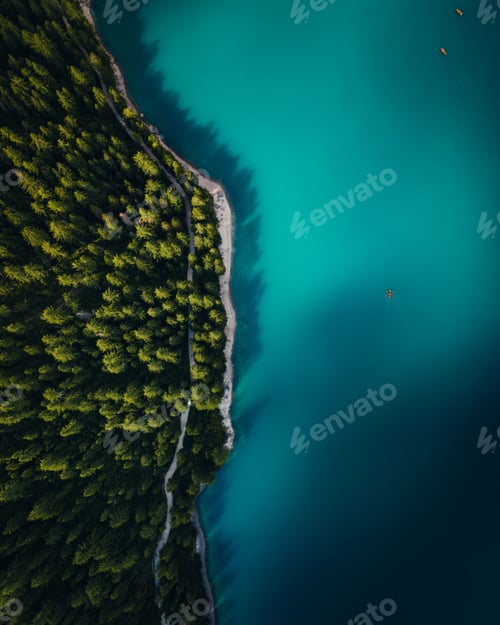 Preview: Vertical aerial of the scenic alpine lake Carezza, Karersee in South Tyrol, Italy