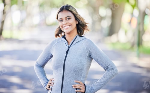Preview: Park, fitness and face portrait of a woman in nature for an outdoor workout or training. Sports, ha