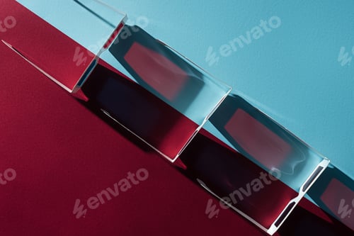 Preview: top view of 3d glasses in row with long shadows on blue and bordo background
