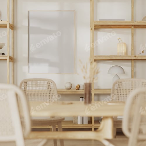 Preview: poster frame mock up in living room interior with cupboard with shelves with decor, 3d