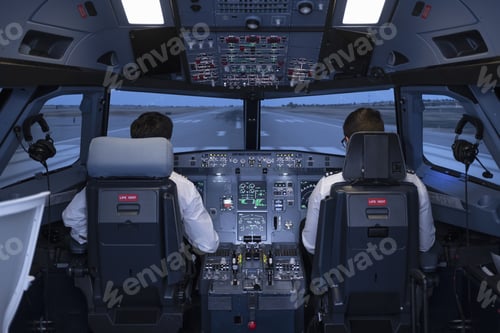 Preview: Two pilots in the cockpit of a commercial flight simulator preparing to start the flight