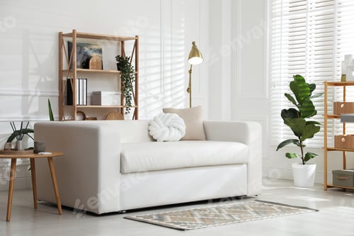 Preview: Stylish shelving unit with decor and sofa in room