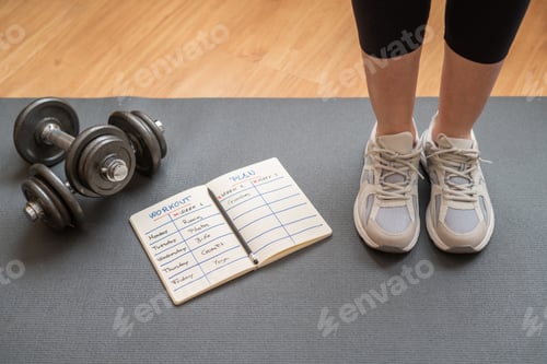 Preview: Woman standing on yoga mat with workout plan and dumbbells