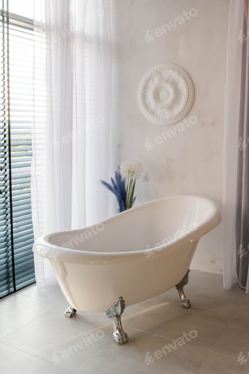 Preview: Luxurious minimalist bathroom with slate black stone wall