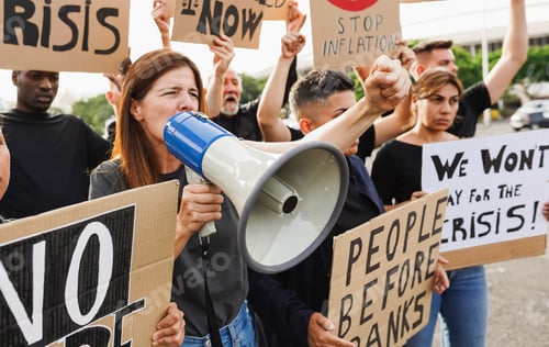 Preview: Crowd of multiracial people protest against inflation and financial crisis