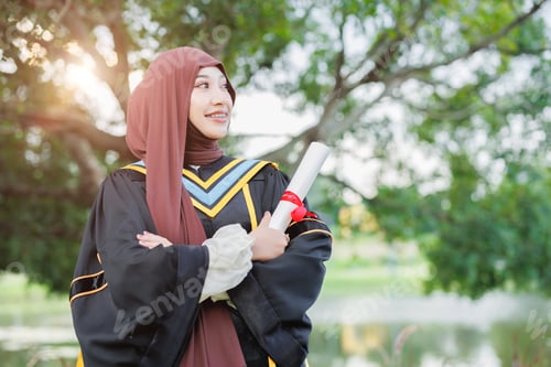 Preview: Asian Muslim women Happy congratulation university outdoors. Arab hijab girl in bachelor
