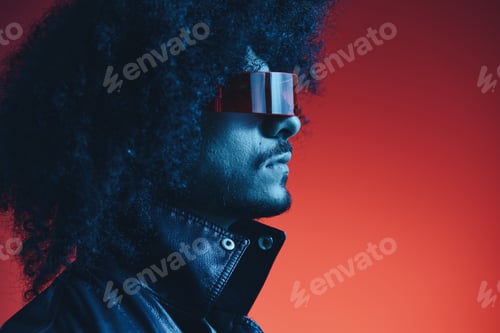 Preview: Portrait of fashion man with curly hair on red background with stylish glasses, multicultural