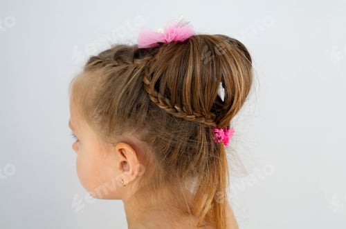 Preview: Girl's braided hairstyle with pink ribbon decoration