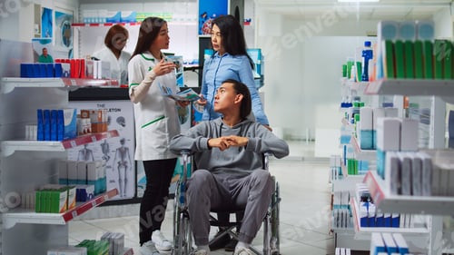 Preview: Young man in wheelchair and social worker talking to pharmacist
