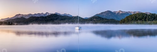 Preview: Sailing boat on a misty sunrise at Nahuel Huapi Lake, Villa la Angostura, Neuquen, Patagonia, Argent