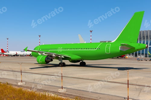 Preview: Green passenger airplane at the airport on sunny day