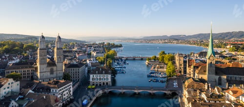 Preview: Aerial drone shot flying above Lake Zurich, Switzerland in sunny day.