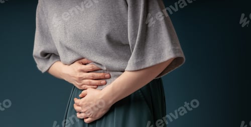 Preview: Ovarian and Cervical Cancer. Woman Touching on Lower Abdomen in Pain, Female Reproductive System