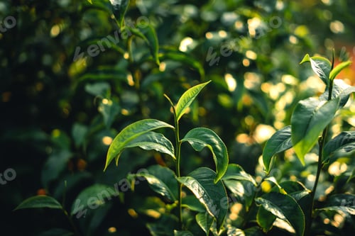 Preview: Green tea buds and leaves With natural evening light