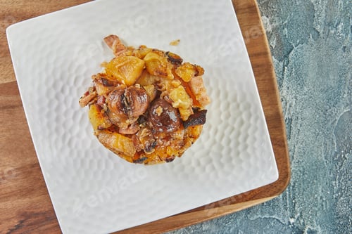 Preview: Tartare with potatoes and chestnuts in red wine. French gourmet cuisine