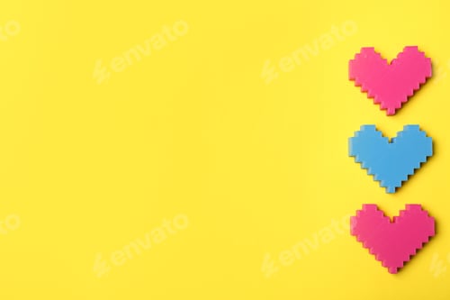 Preview: Colorful hearts on color background, top view with space for text