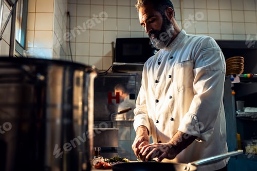 Preview: Chef cooking in a commercial kitchen choping vegetable.