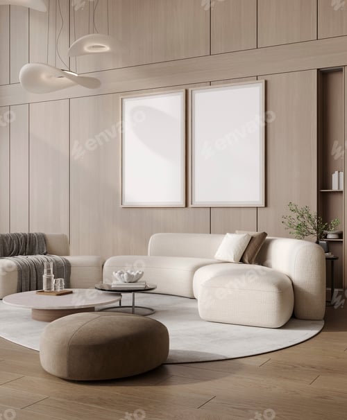 Preview: Two poster frames in modern living room with sofa, 3d render