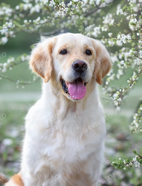 Preview: golden retriever dog in blooming sakura or cherry trees. dog in the spring in nature in the park